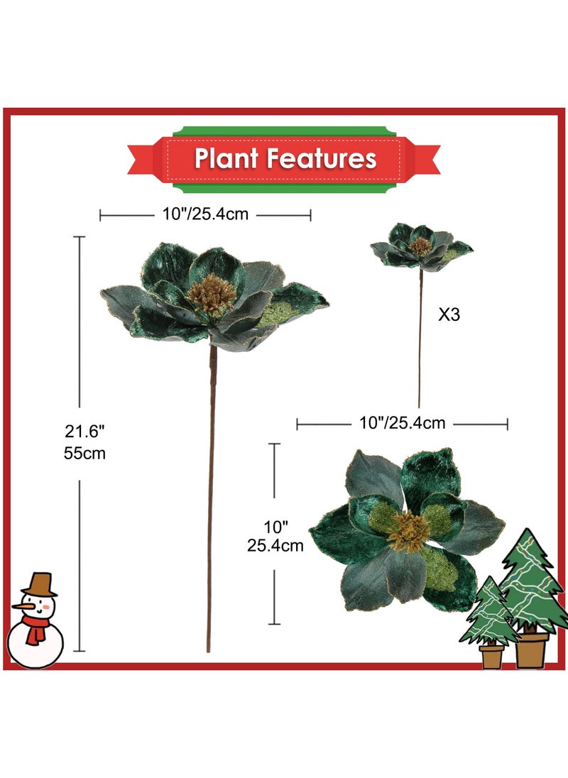 Briful Briful 10 Large Heads Christmas Glitter Magnolia Flowers Christmas Tree Ornaments Set of 3 Giant Artificial Flowers with Long Stems for Xmas Tree Holiday Decorations  Green  - Image 2