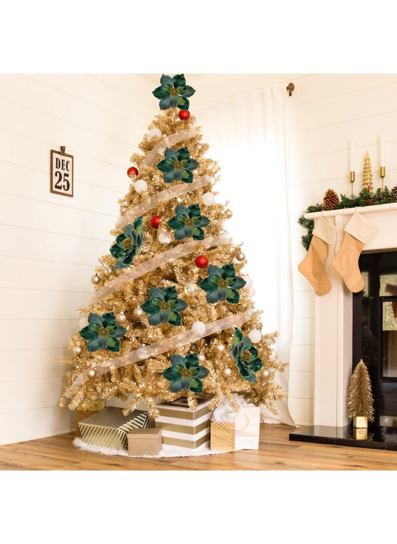 Briful Briful 10 Large Heads Christmas Glitter Magnolia Flowers Christmas Tree Ornaments Set of 3 Giant Artificial Flowers with Long Stems for Xmas Tree Holiday Decorations  Green  - Image 4