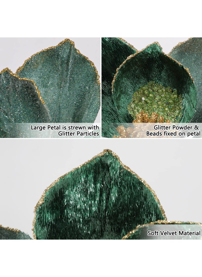 Briful Briful 10 Large Heads Christmas Glitter Magnolia Flowers Christmas Tree Ornaments Set of 3 Giant Artificial Flowers with Long Stems for Xmas Tree Holiday Decorations  Green  - Image 3