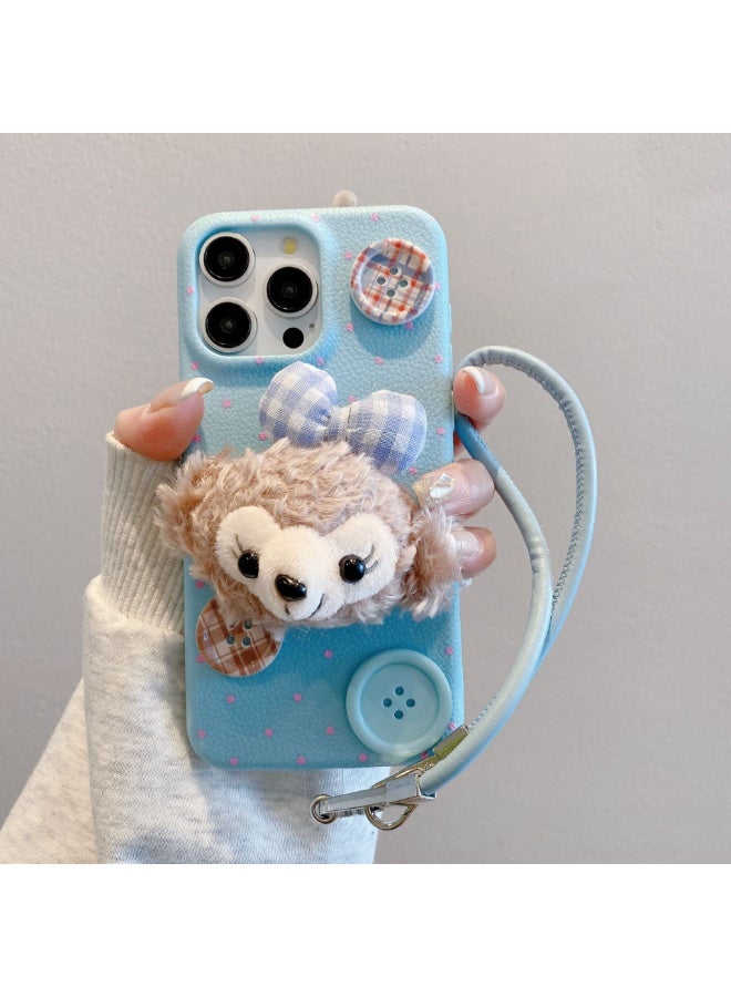 NIBEMINENT Plush Filipino New Protective TPU Case Cover For iPhone 15 Plus, Blue With Plush Duffy Bear Button With Leather Lanyard