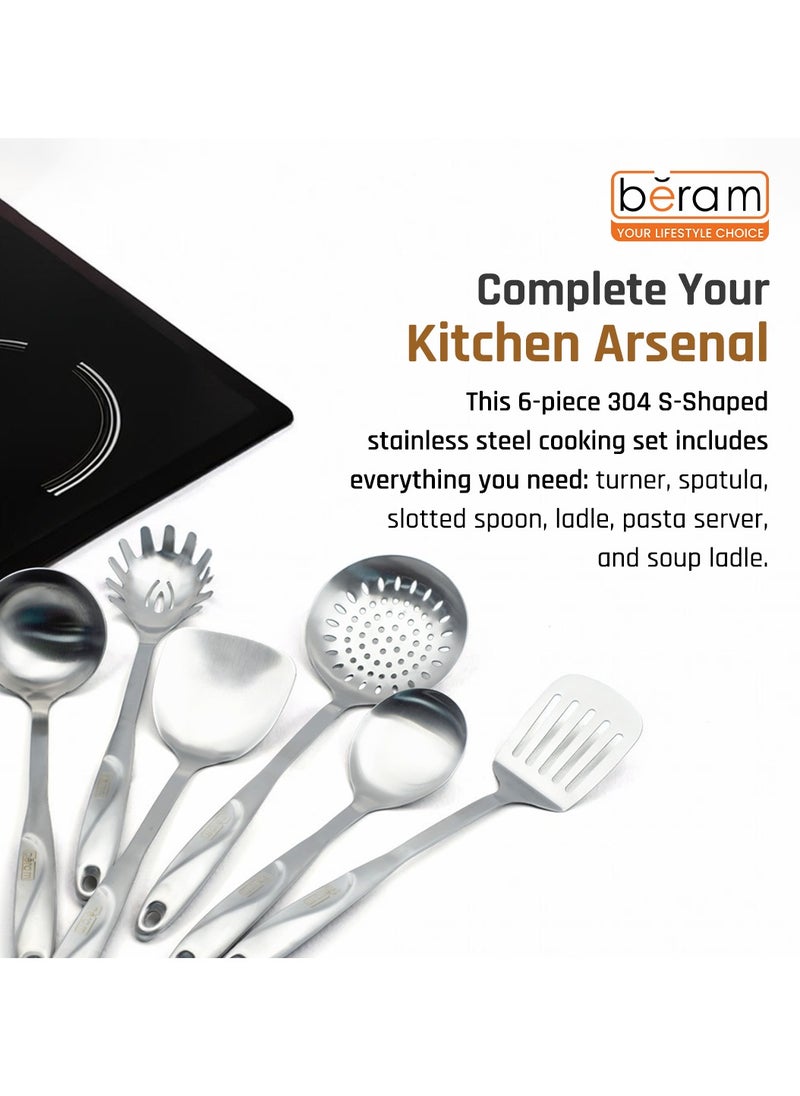 Beram - Cooking Utensils Set, S-Shaped, 304 Stainless Steel Silverware, Cookware Set Includes Spatula, Skimmer, Soup Ladle, Turner, Pasta Server, Rice Scoop with Multipurpose Stand - Image 1