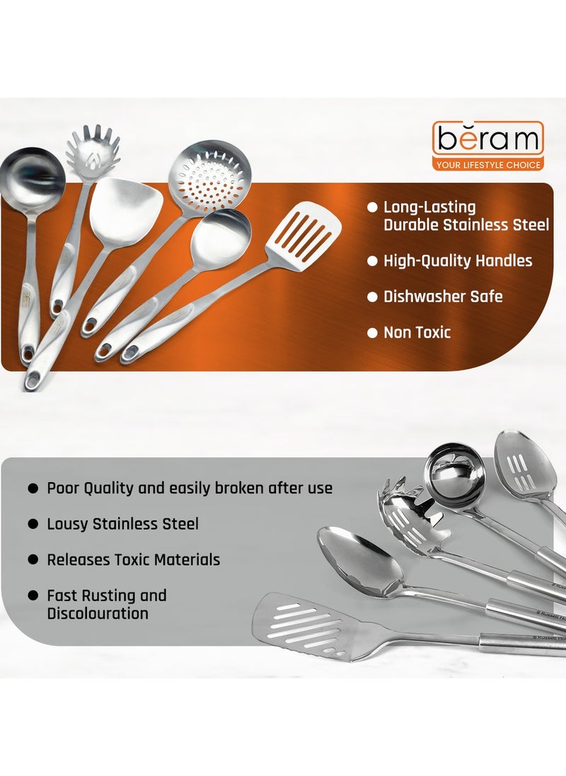 Beram - Cooking Utensils Set, S-Shaped, 304 Stainless Steel Silverware, Cookware Set Includes Spatula, Skimmer, Soup Ladle, Turner, Pasta Server, Rice Scoop with Multipurpose Stand - Image 1