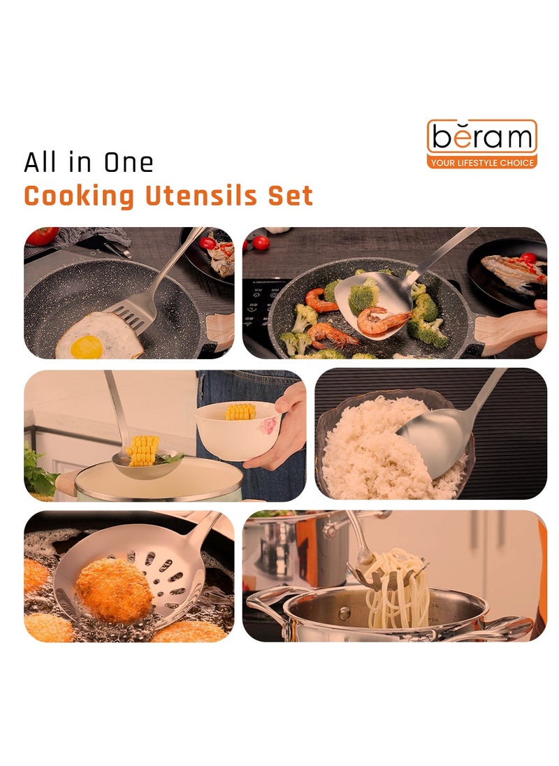 Beram - Cooking Utensils Set, S-Shaped, 304 Stainless Steel Silverware, Cookware Set Includes Spatula, Skimmer, Soup Ladle, Turner, Pasta Server, Rice Scoop with Multipurpose Stand - Image 1