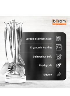 Beram Cooking Utensils Set, S-Shaped, 304 Stainless Steel Silverware, Cookware Set Includes Spatula, Skimmer, Soup Ladle, Turner, Pasta Server, Rice Scoop with Multipurpose Stand  - Image 5