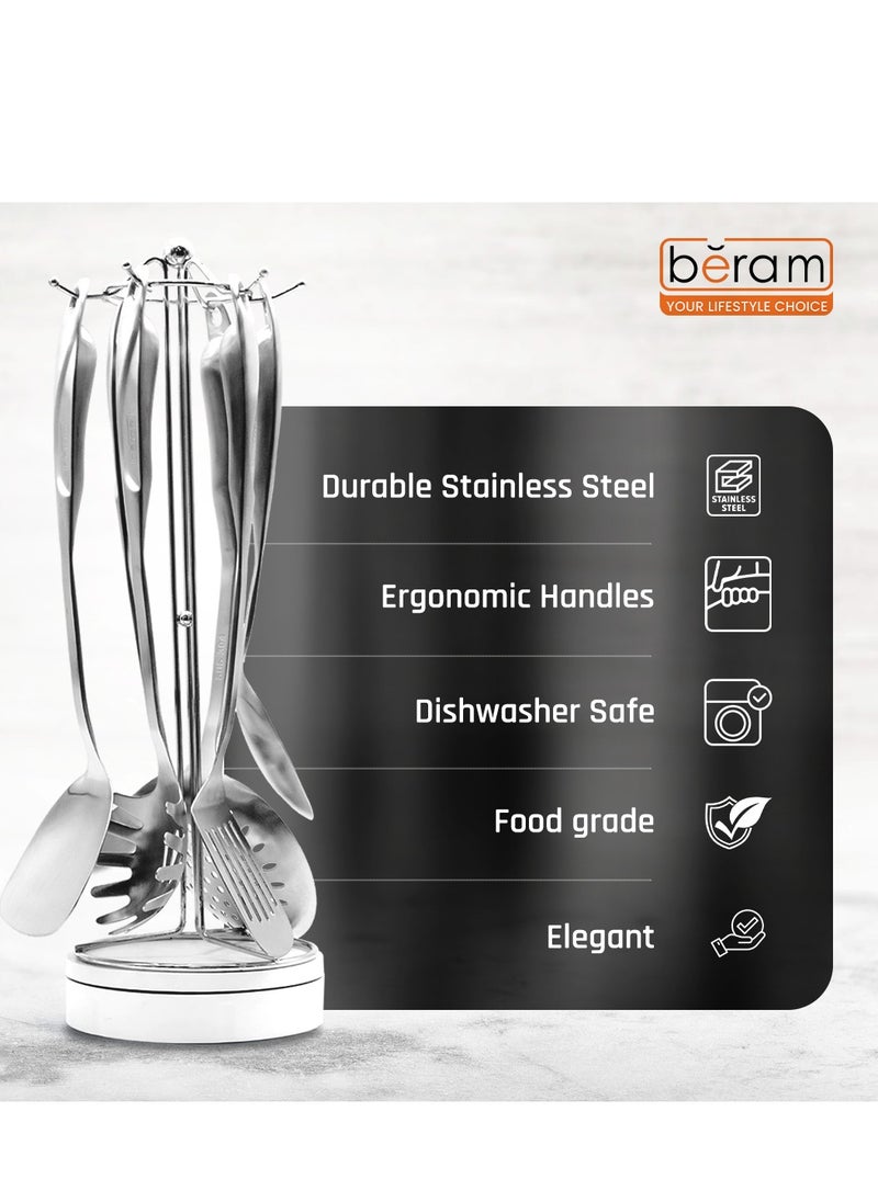 Beram - Cooking Utensils Set, S-Shaped, 304 Stainless Steel Silverware, Cookware Set Includes Spatula, Skimmer, Soup Ladle, Turner, Pasta Server, Rice Scoop with Multipurpose Stand - Image 1