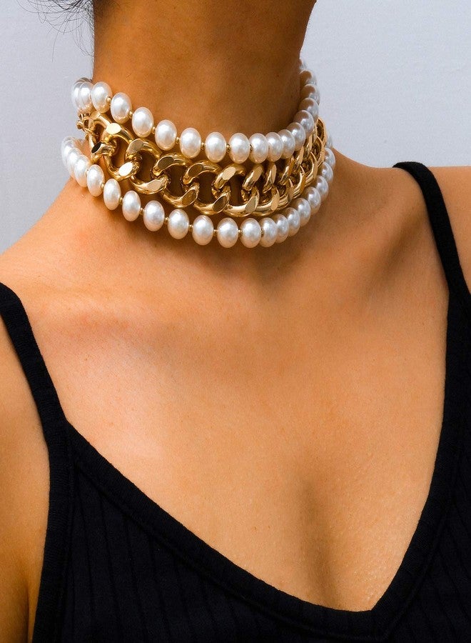Jumwrit Punk Layered Pearl and Chain Necklaces Chunky Paperclip Choker Statement Long Charming Accessories for Women - Image 3
