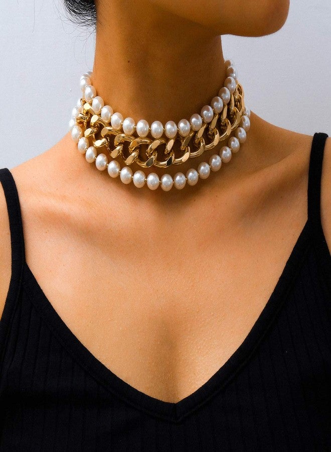 Jumwrit Punk Layered Pearl and Chain Necklaces Chunky Paperclip Choker Statement Long Charming Accessories for Women - Image 2
