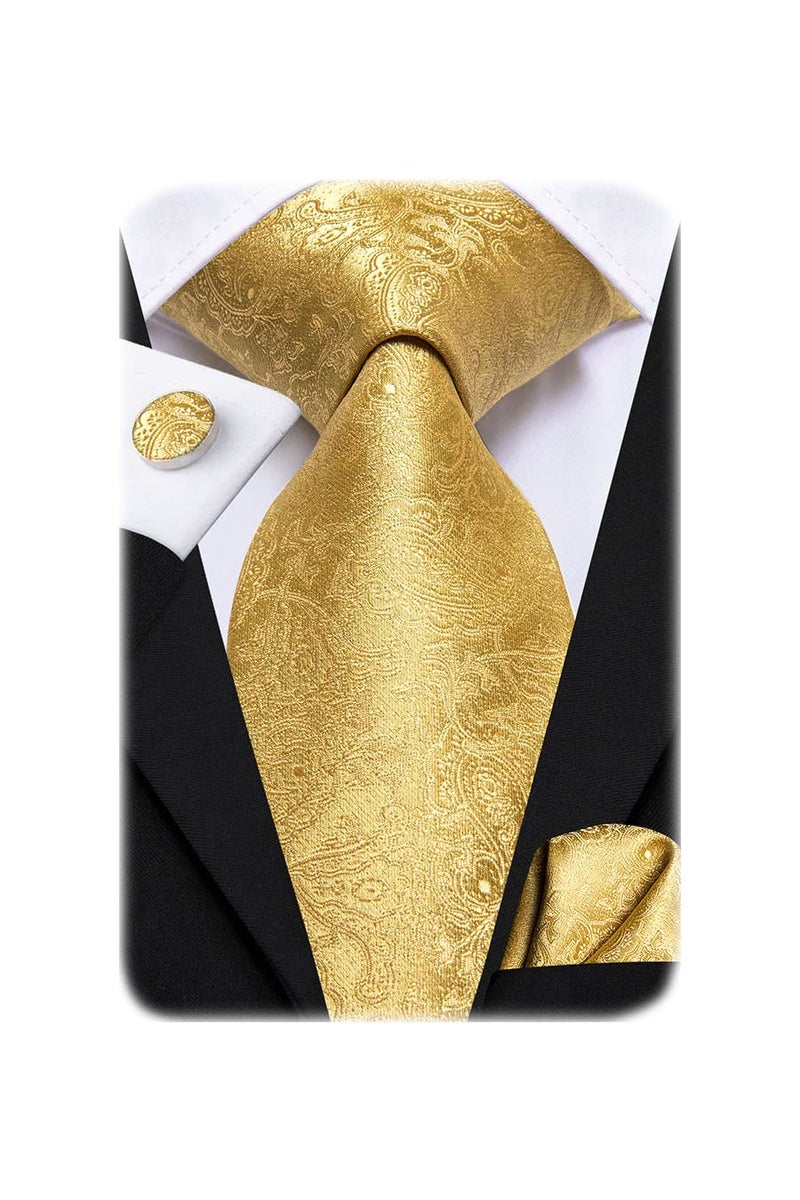 Hi-Tie Mens Plaid Ties Classic Paisley Necktie with Handkerchief Cufflinks Set Business Stripe Tie,Gold - Image 1