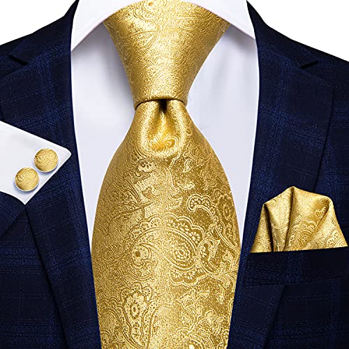 Hi-Tie Mens Plaid Ties Classic Paisley Necktie with Handkerchief Cufflinks Set Business Stripe Tie,Gold - Image 3