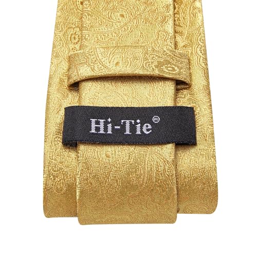 Hi-Tie Mens Plaid Ties Classic Paisley Necktie with Handkerchief Cufflinks Set Business Stripe Tie,Gold - Image 5