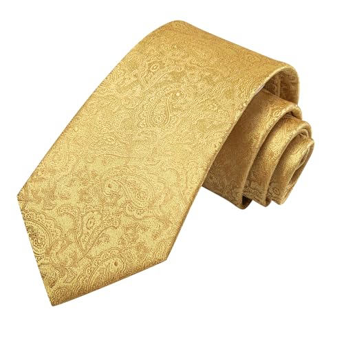 Hi-Tie Mens Plaid Ties Classic Paisley Necktie with Handkerchief Cufflinks Set Business Stripe Tie,Gold - Image 4