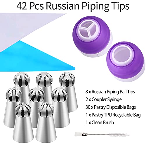 YLYL 42 Pcs Russian Piping Tips Set, 8 Nozzles Flower Frosting Icing Tips Russian Ball Piping Tips for Cake Decorating Kit, 2 Couplers 30 Pastry Baking Bags 1 Cleaning Brush, 1 Reusable Silicone Bag YLYL - Image 2