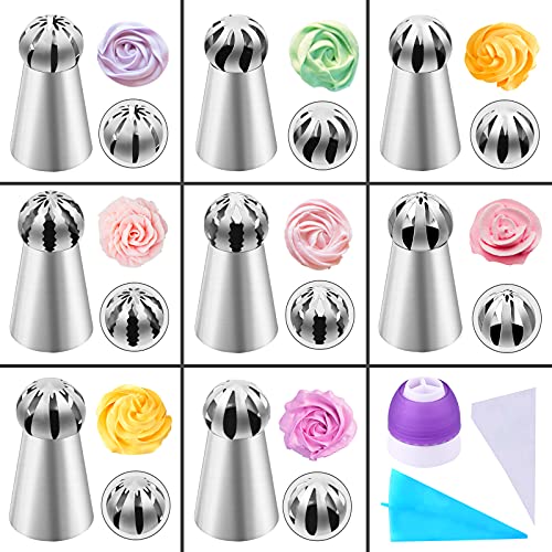 YLYL 42 Pcs Russian Piping Tips Set, 8 Nozzles Flower Frosting Icing Tips Russian Ball Piping Tips for Cake Decorating Kit, 2 Couplers 30 Pastry Baking Bags 1 Cleaning Brush, 1 Reusable Silicone Bag YLYL - Image 4