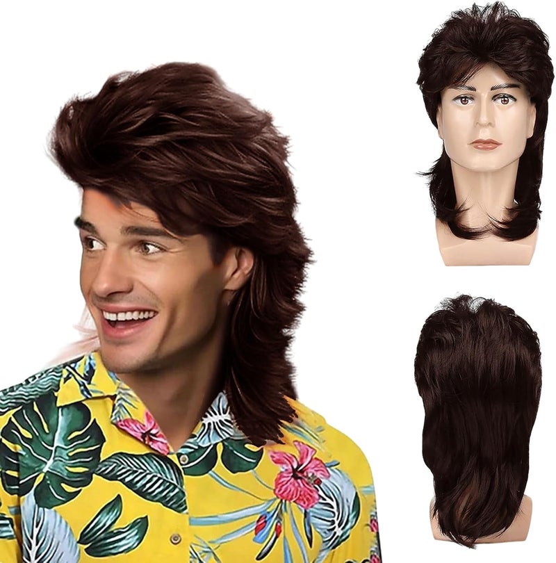 Brown Mullet Mens Wig Curly Synthetic Hair Wig Medium Size Retro Style Heat Resistant Perfect for 70s 80s Themed Parties Dress Up Halloween Cosplay