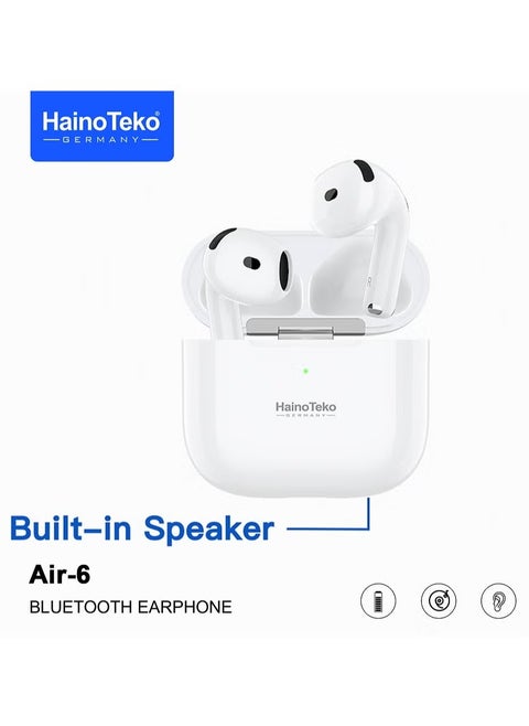 Air-6 Bluetooth Earphones with Built-in Speaker, Multi-Functional Touch Control, and Microphone, Compatible with iPhones and iPads, White