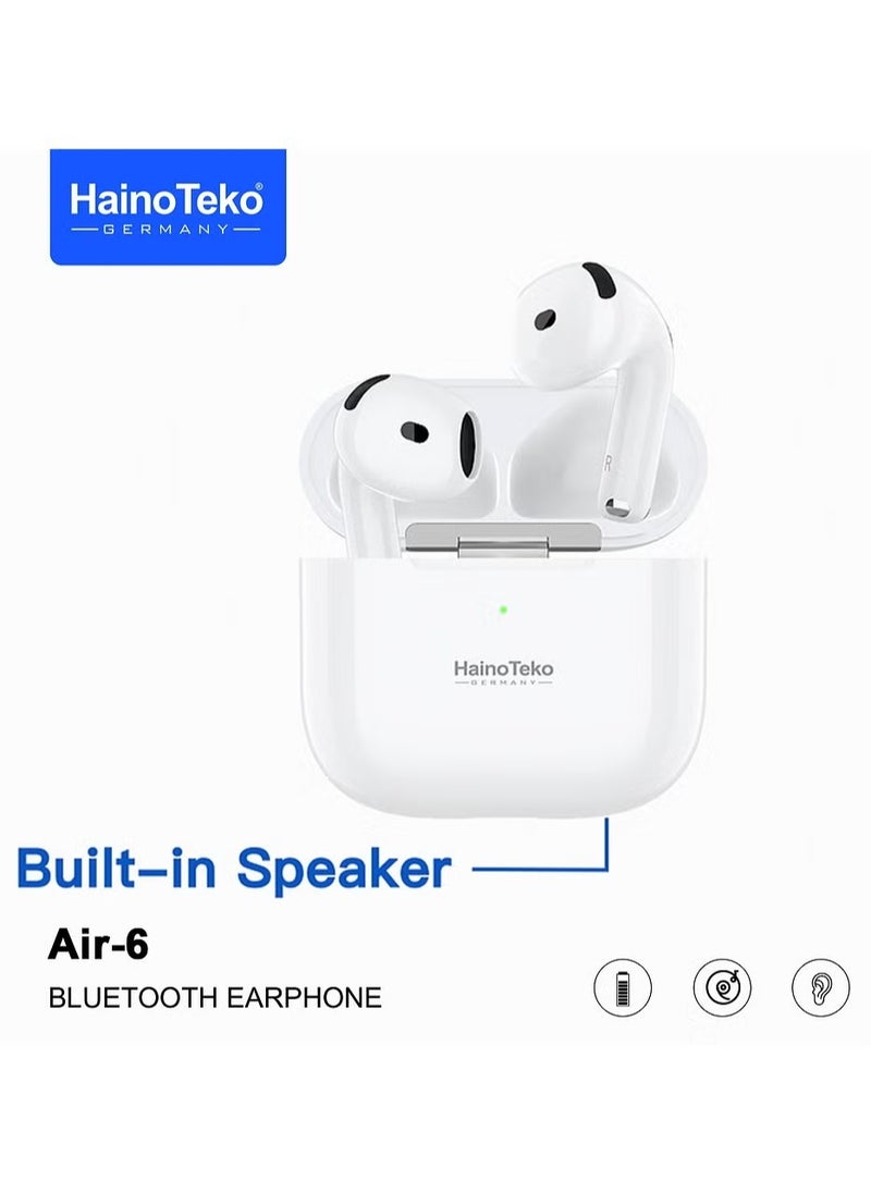 Air-6 Bluetooth Earphones with Built-in Speaker, Multi-Functional Touch Control, and Microphone, Compatible with iPhones and iPads, White
