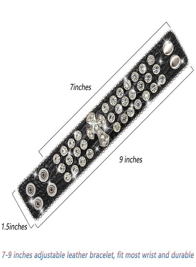 EVERBLTING Rhinestone Bracelets For Men And Women, Leather Cuff Bracelet For Women, Punk Bracelet, Cross Studded Wristband, Fashion Bracelet (Black) - Image 5