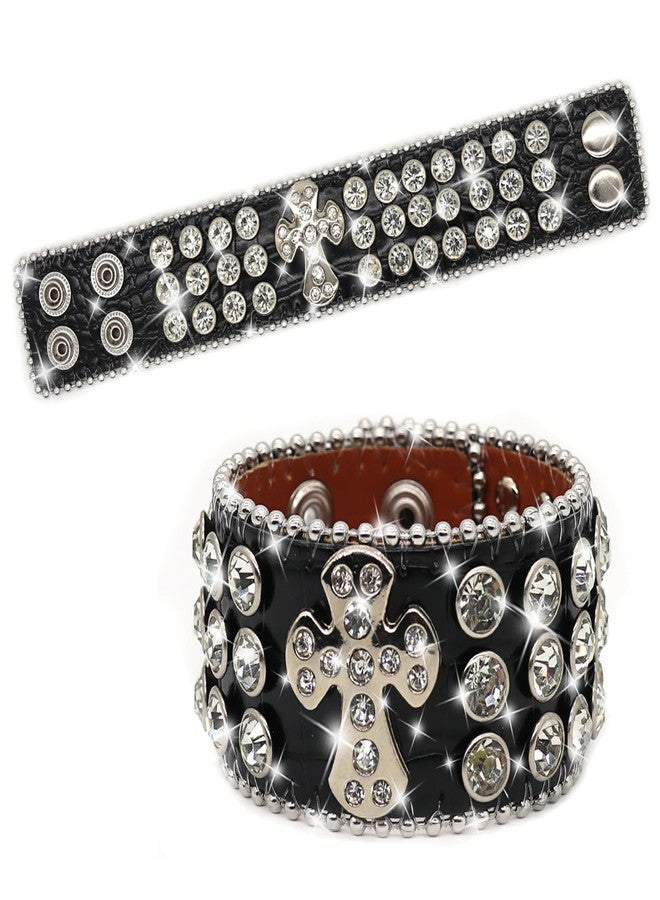 EVERBLTING Rhinestone Bracelets For Men And Women, Leather Cuff Bracelet For Women, Punk Bracelet, Cross Studded Wristband, Fashion Bracelet (Black) - Image 1