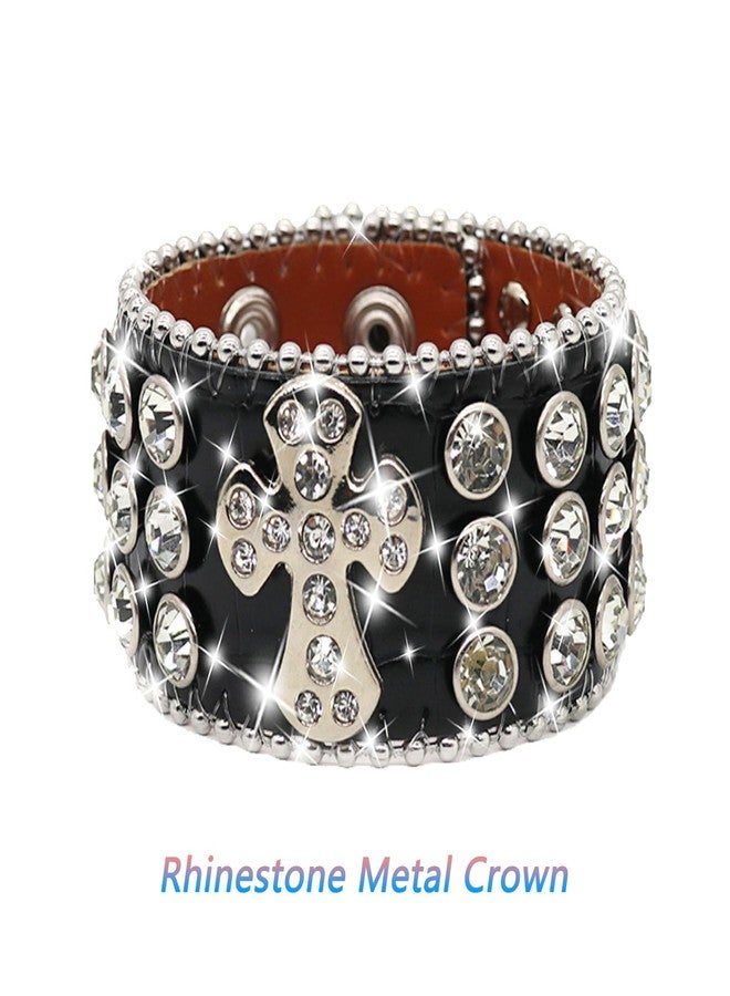 EVERBLTING Rhinestone Bracelets For Men And Women, Leather Cuff Bracelet For Women, Punk Bracelet, Cross Studded Wristband, Fashion Bracelet (Black) - Image 2