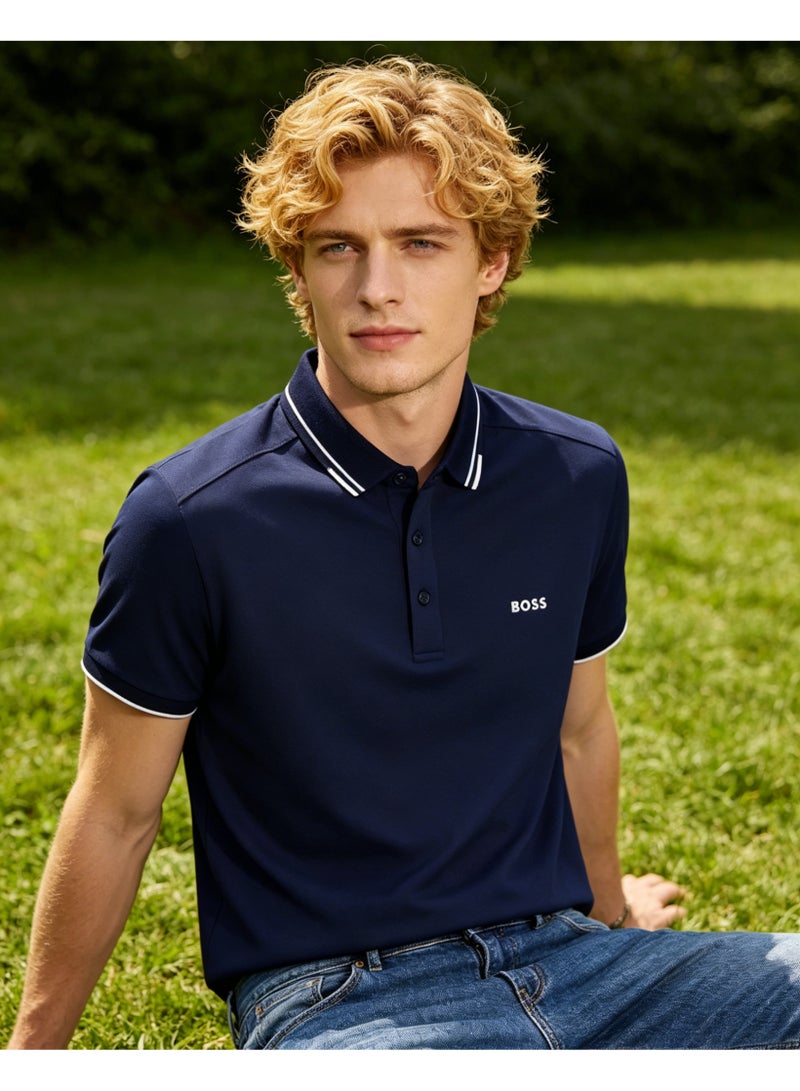 BOSS Men Contrast Collar Short Sleeve Polo Shirt Loose Light Business Casual Summer Top Navy Blue - Image 4
