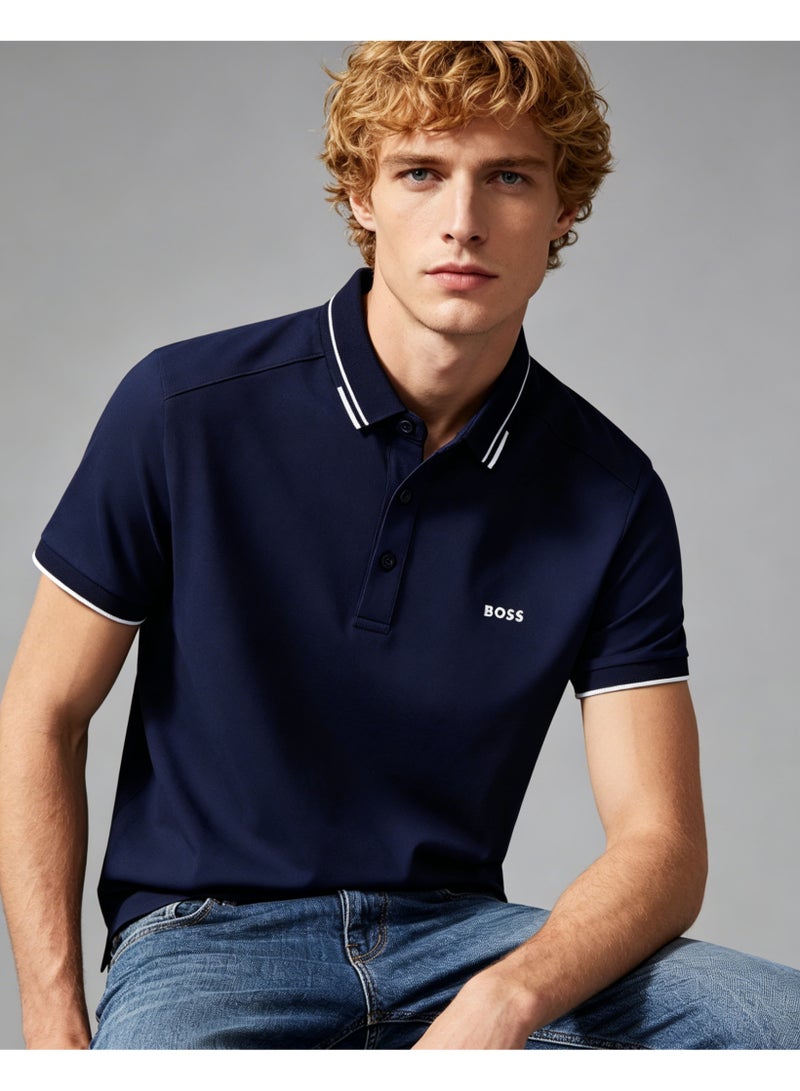 BOSS Men Contrast Collar Short Sleeve Polo Shirt Loose Light Business Casual Summer Top Navy Blue - Image 1