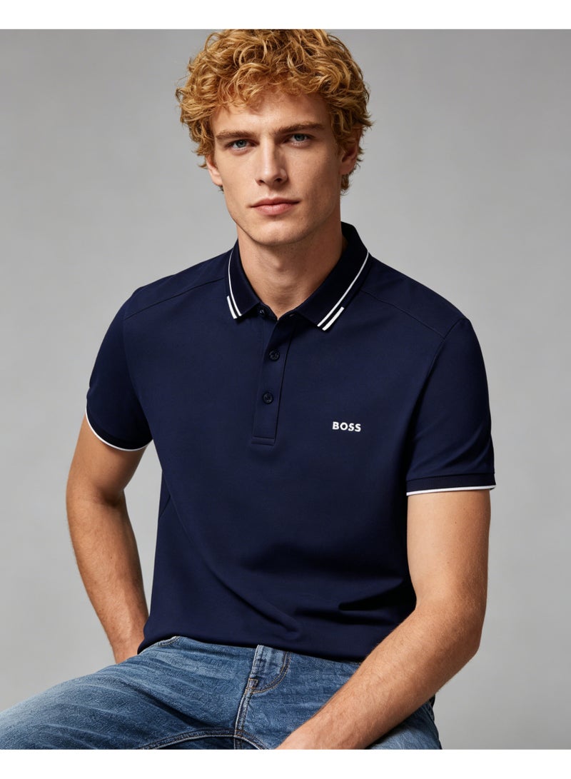 BOSS Men Contrast Collar Short Sleeve Polo Shirt Loose Light Business Casual Summer Top Navy Blue - Image 2