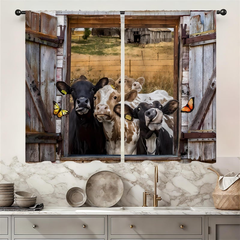 Famiffty Barn Door Cow Kitchen Curtains Rod Pocket Small Short Cafe Curtain Window Treatment Drapes Home Decor 27.5W X 39L Inch 2 Panels - Image 1
