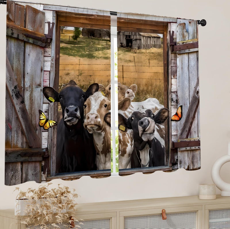 Famiffty Barn Door Cow Kitchen Curtains Rod Pocket Small Short Cafe Curtain Window Treatment Drapes Home Decor 27.5W X 39L Inch 2 Panels - Image 3