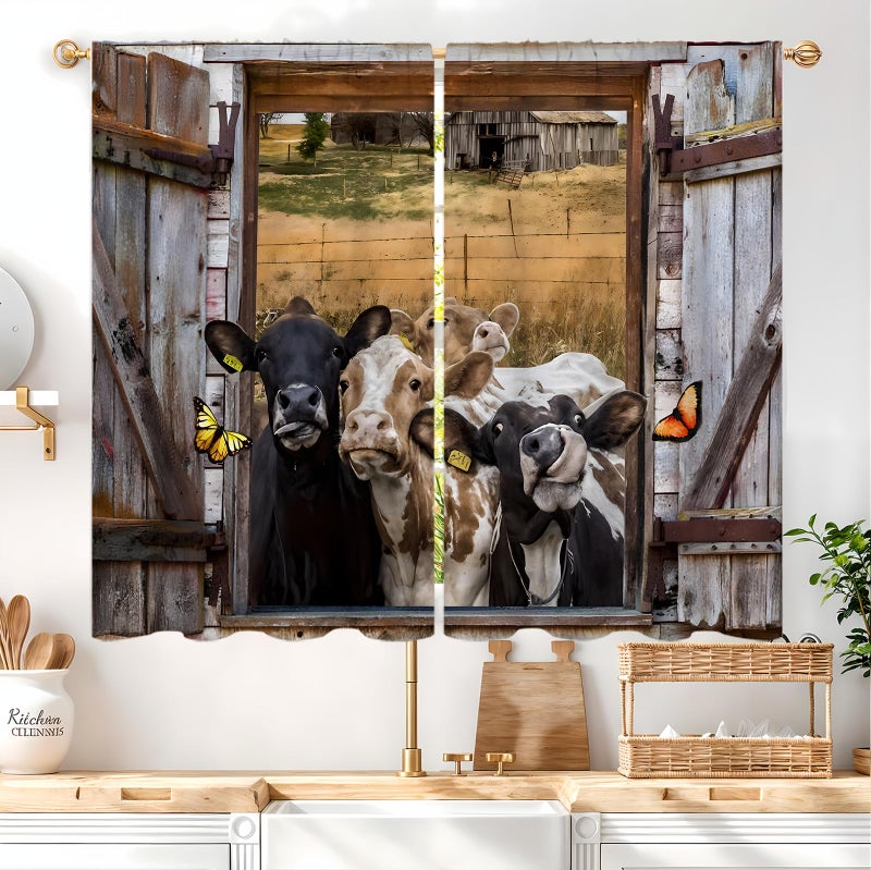 Famiffty Barn Door Cow Kitchen Curtains Rod Pocket Small Short Cafe Curtain Window Treatment Drapes Home Decor 27.5W X 39L Inch 2 Panels - Image 2