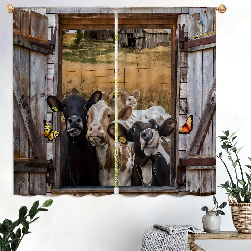 Famiffty Barn Door Cow Kitchen Curtains Rod Pocket Small Short Cafe Curtain Window Treatment Drapes Home Decor 27.5W X 39L Inch 2 Panels - Image 4