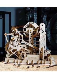 3D wooden puzzle game featuring a set of mechanical gears, a ball track, and a rotating elevator.