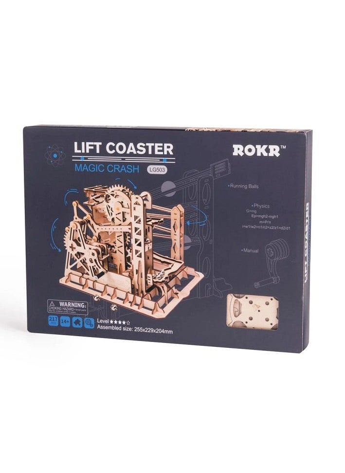 ROKR - 3D wooden puzzle game featuring a set of mechanical gears, a ball track, and a rotating elevator. - Image 1