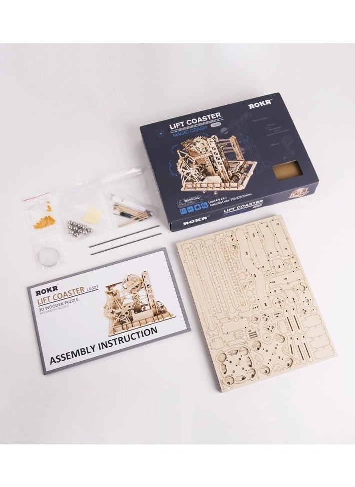 ROKR - 3D wooden puzzle game featuring a set of mechanical gears, a ball track, and a rotating elevator. - Image 1