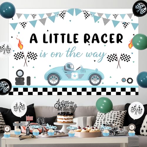 Merrystorm Race Car Baby Shower Decorations A Little Racer is On The Way Backdrop Glitter Vintage Racing Car Banner Cake and Cupcake Toppers Blue Green Checkered Flag Balloons for Boys Baby Shower Party Supplies - Image 5