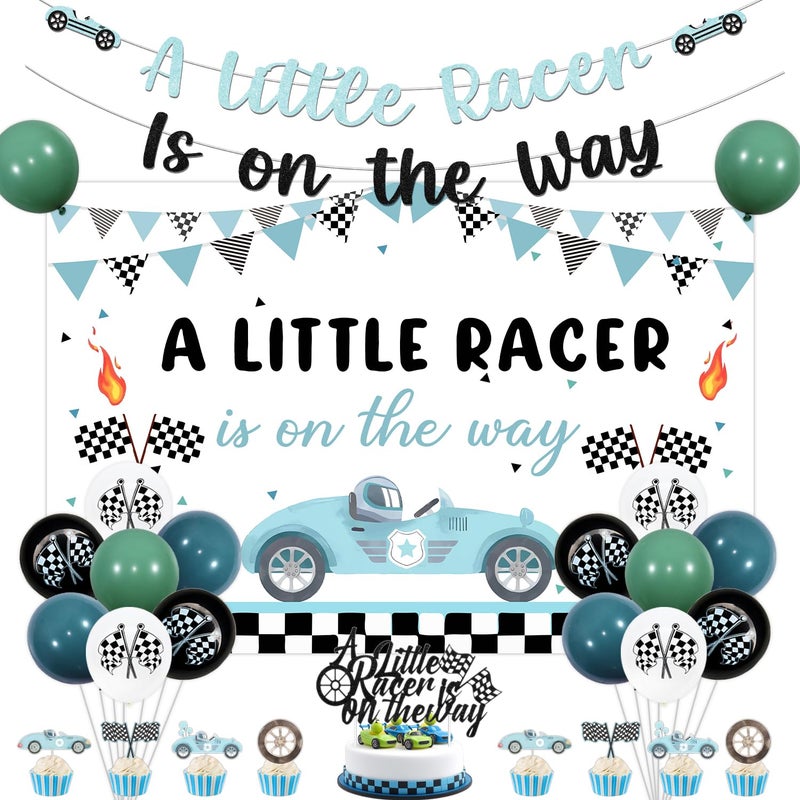 Merrystorm Race Car Baby Shower Decorations A Little Racer is On The Way Backdrop Glitter Vintage Racing Car Banner Cake and Cupcake Toppers Blue Green Checkered Flag Balloons for Boys Baby Shower Party Supplies - Image 3