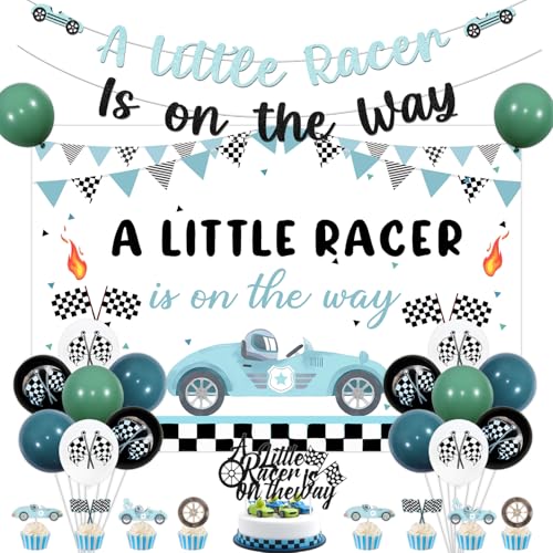 Merrystorm Race Car Baby Shower Decorations A Little Racer is On The Way Backdrop Glitter Vintage Racing Car Banner Cake and Cupcake Toppers Blue Green Checkered Flag Balloons for Boys Baby Shower Party Supplies - Image 1