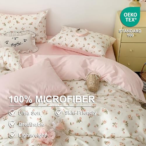 Erwinmu Floral Duvet Cover Set Queen Size,Pink Floral Flowers Bedding Duvet Cover Queen with Zipper Closure,Reversible Comforter Duvet Cover and 2 Pillowcases - Image 3