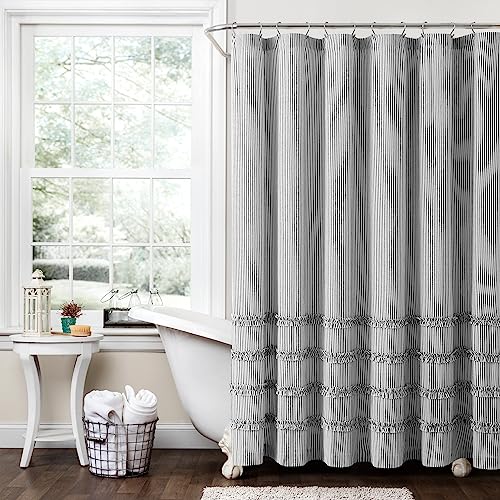 Lush Decor Vintage Stripe Yarn Dyed Cotton Shower Curtain 72 x 72 Black - Image 1