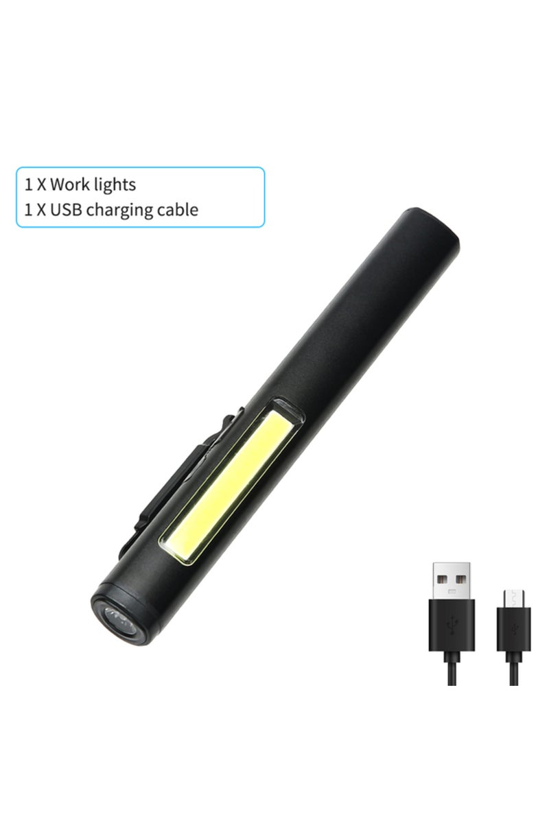 BLACK Mini Portable LED Pen Lamp COB Side Light Bottom Magnet Flashlight With Pen Clip Built-in Batt
