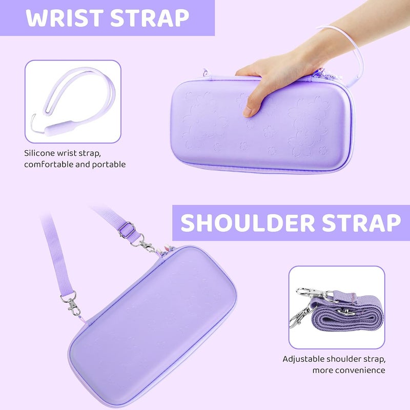 GLDRAM Carrying Case for Nintendo Switch OLED, 9 in 1 Cute Accessories Kit with Travelling Case, Soft TPU Cover, Glass Screen Protector, Thumb Grip Caps, Wrist Band, Shoulder Strap for Girls - Purple - Image 3