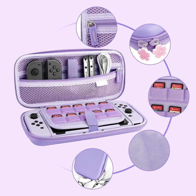GLDRAM Carrying Case for Nintendo Switch OLED, 9 in 1 Cute Accessories Kit with Travelling Case, Soft TPU Cover, Glass Screen Protector, Thumb Grip Caps, Wrist Band, Shoulder Strap for Girls - Purple - Image 2