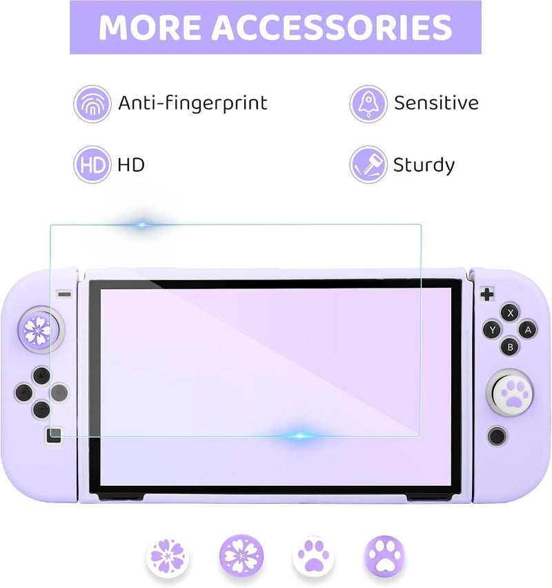 GLDRAM Carrying Case for Nintendo Switch OLED, 9 in 1 Cute Accessories Kit with Travelling Case, Soft TPU Cover, Glass Screen Protector, Thumb Grip Caps, Wrist Band, Shoulder Strap for Girls - Purple - Image 5