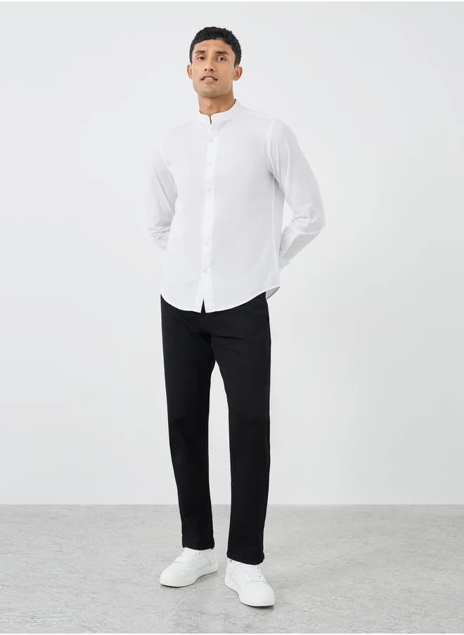 Styli Styli Solid Mandarin Collar Regular Fit Poplin Shirt