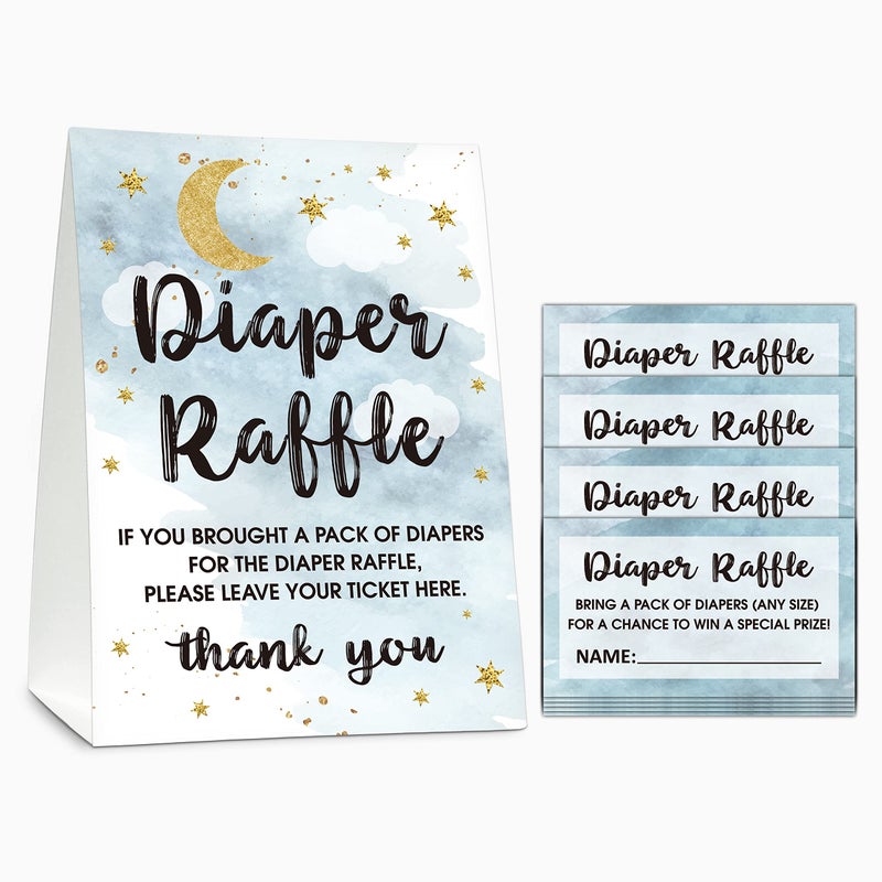 Gihyan Diaper Raffle Baby Shower Game Set1 Standing Sign 50 Finding Cards Moon and Stars Diaper Raffle Tickets for Baby Shower Twinkle Twinkle Little Star Gender Reveal Party Favor Decor B08