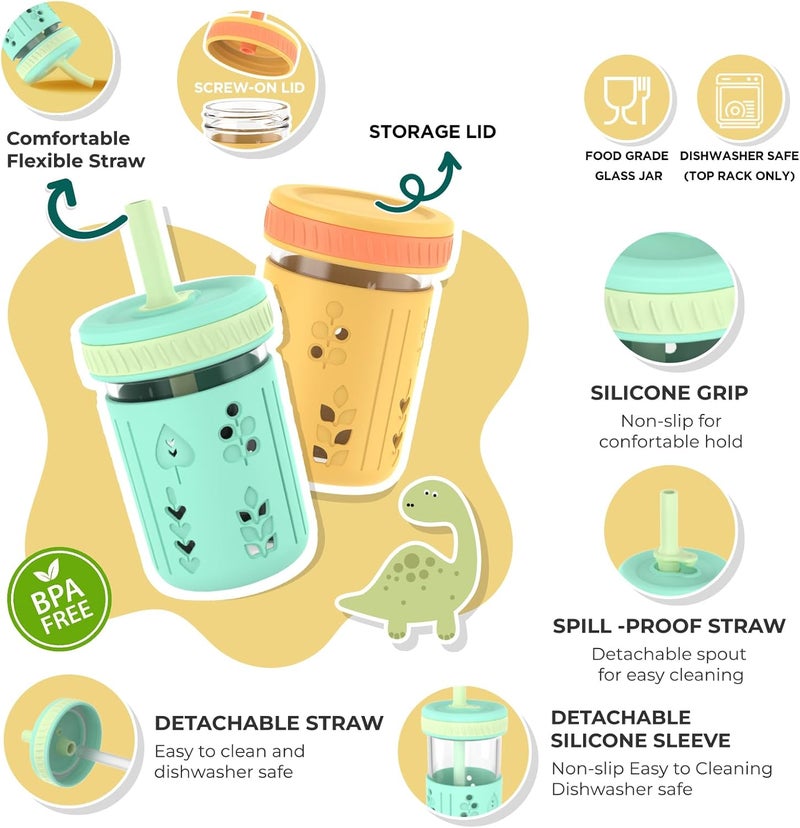 Tronco 8 oz Glass Sippy Cup for Toddlers Kids Mason Jar Smoothie Cup with Silicone Sleeves  Spill Resistant Flexible Straw Snack Cup BPAFree Dishwasher Safe - Image 2