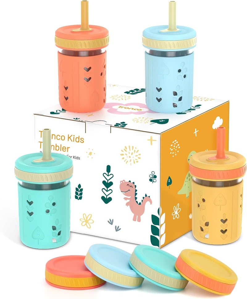 Tronco 8 oz Glass Sippy Cup for Toddlers Kids Mason Jar Smoothie Cup with Silicone Sleeves  Spill Resistant Flexible Straw Snack Cup BPAFree Dishwasher Safe - Image 1