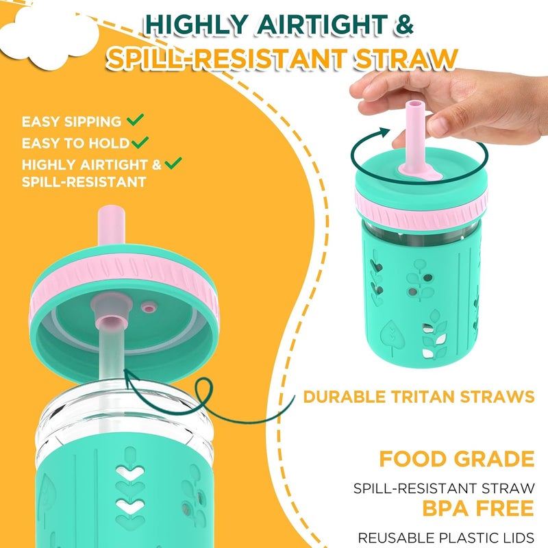 Tronco 8 oz Glass Sippy Cup for Toddlers Kids Mason Jar Smoothie Cup with Silicone Sleeves  Spill Resistant Flexible Straw Snack Cup BPAFree Dishwasher Safe - Image 3