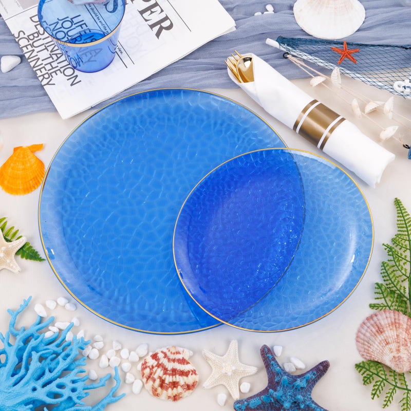 Hioasis 175pcs Clear Blue Gold Plastic Plates - Fancy Disposable Plates Set Blue Disposable Plates Include25 Dinner Plates  25 Dessert Plates 25 Cups 25 Rolled Napkin Cutlery Perfect for Party - Image 2