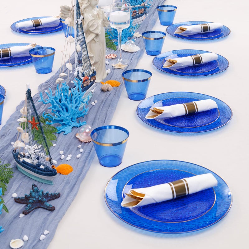 Hioasis 175pcs Clear Blue Gold Plastic Plates - Fancy Disposable Plates Set Blue Disposable Plates Include25 Dinner Plates  25 Dessert Plates 25 Cups 25 Rolled Napkin Cutlery Perfect for Party - Image 4