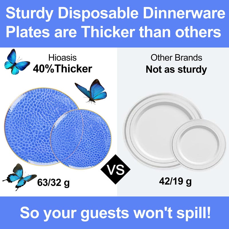 Hioasis 175pcs Clear Blue Gold Plastic Plates - Fancy Disposable Plates Set Blue Disposable Plates Include25 Dinner Plates  25 Dessert Plates 25 Cups 25 Rolled Napkin Cutlery Perfect for Party - Image 1